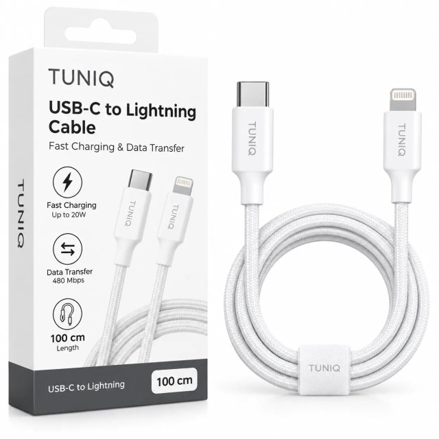 TUNIQ USB-C na Lightning 100cm — Rychlonabíjecí kabel — barva: bílá