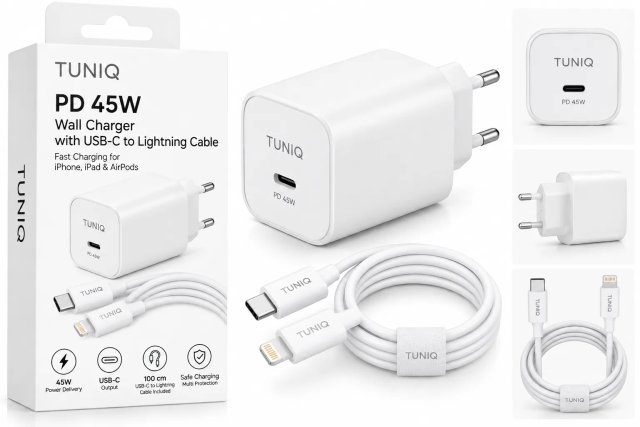 TUNIQ PD 45W — Síťová nabíječka s USB-C na iPhone Kabel — barva: bílá