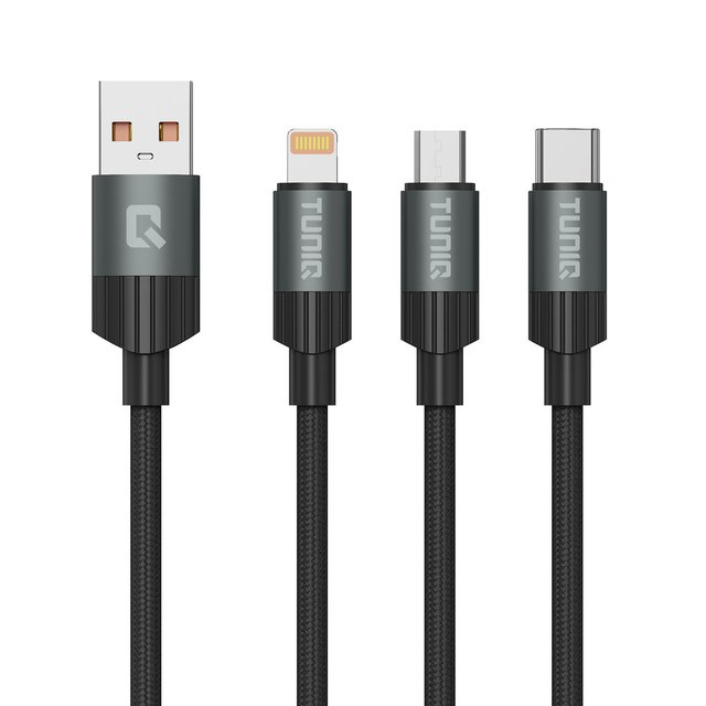 TUNIQ 3 in 1 USB Nabíjecí a datový kabel 100cm — barva: černá